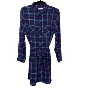 Beach Lunch Plaid Midi Dress‎ Button Up Tie Waist Long Roll Tab Sleeve Blue M